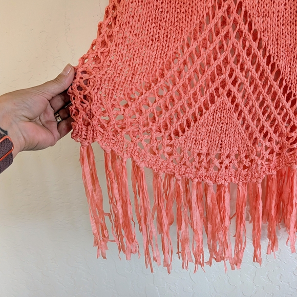 Linen Wool Blend Coral Crochet Fringe Tank Tunic Swim Cover Boho Festival Resort - Picture 3 of 10